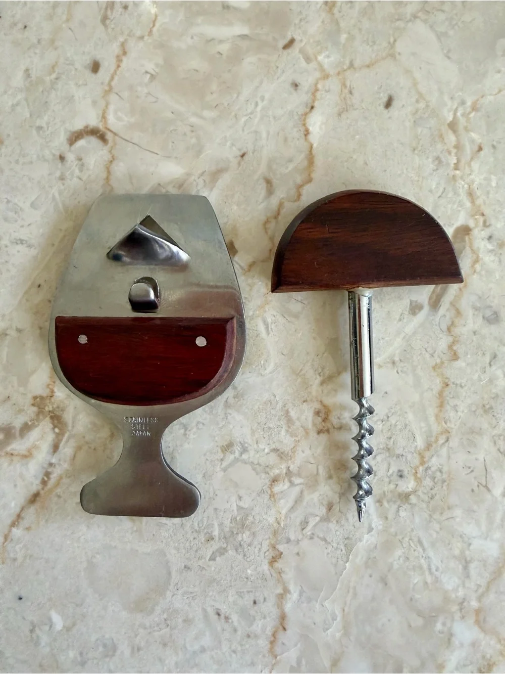 Vintage Mid-Century Japan Stainless Steel Wood Bar Tool Set
